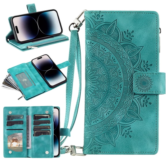 Crossbody Case For Samsung Galaxy A07,Embossed Pattern PU Leather Zipper Pocket Magnetic Flip Stand Holder ID Credit Card Slots Wallet RFID Blocking Case with Detachable Shoulder Strap,Green