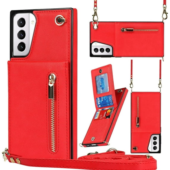 Crossbody Case for Samsung Galaxy S21 Plus 5G Case with Card Holder,Galaxy S21 Plus Wallet Case for Women Girl PU Leather Lanyard Strap Magnetic Clasp Kickstand ID Credit Card 6.7",Red