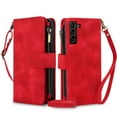 thumbnail image 1 of Crossbody Case for Samsung Galaxy S21, RFID Blocking, Card Holder Wallet Cover, Zipper Pocket PU Leather Magnetic Snap Shoulder Strap Large Capacity Purse Protective Phone Case, Red, 1 of 6