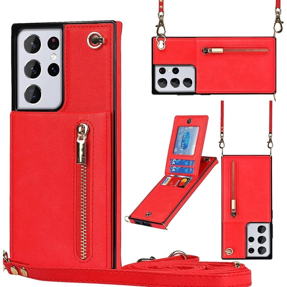 Crossbody Case for Samsung Galaxy S21 Ultra 5G Case with Card Holder,Galaxy S21 Ultra Wallet Case for Women Girl PU Leather Lanyard Strap Magnetic Clasp Kickstand ID Credit Card 6.8",Red