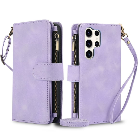 Crossbody Case for Samsung Galaxy S21 Ultra, RFID Blocking, Card Holder Wallet Cover, Zipper Pocket PU Leather Magnetic Snap Shoulder Strap Large Capacity Purse Protective Phone Case, Purple