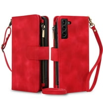 Crossbody Case for Samsung Galaxy S22 Plus, RFID Blocking, Card Holder Wallet Cover, Zipper Pocket PU Leather Magnetic Snap Shoulder Strap Large Capacity Purse Protective Phone Case, Red
