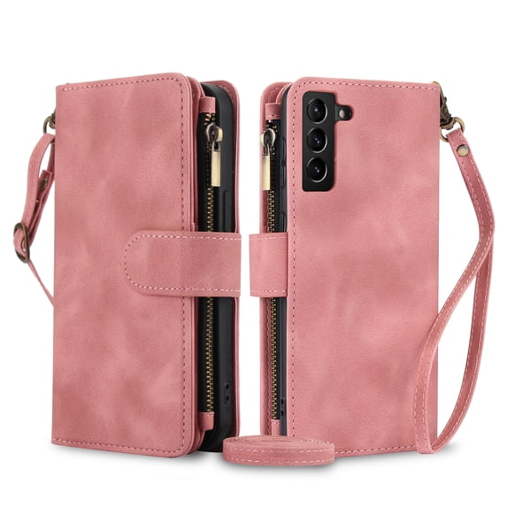 Crossbody Case for Samsung Galaxy S23 Plus, RFID Blocking, Card Holder Wallet Cover, Zipper Pocket PU Leather Magnetic Snap Shoulder Strap Large Capacity Purse Protective Phone Case, Rosegold