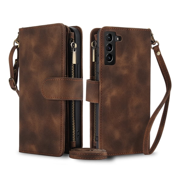 Crossbody Case for Samsung Galaxy S23 Plus, RFID Blocking, Card Holder Wallet Cover, Zipper Pocket PU Leather Magnetic Snap Shoulder Strap Large Capacity Purse Protective Phone Case, Brown
