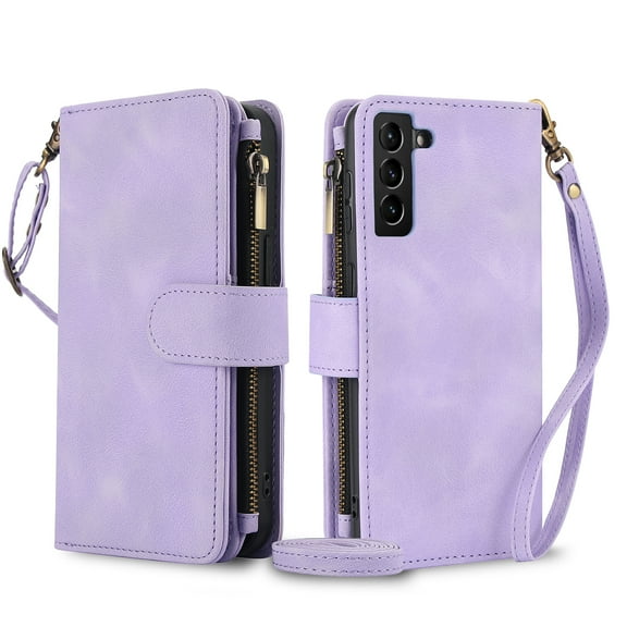 Crossbody Case for Samsung Galaxy S23, RFID Blocking, Card Holder Wallet Cover, Zipper Pocket PU Leather Magnetic Snap Shoulder Strap Large Capacity Purse Protective Phone Case, Purple