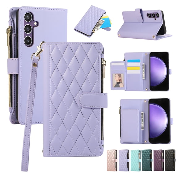 Crossbody Case for Samsung Galaxy S24 FE Case Wallet, PU Leather Case with Card Holder Kickstand, Handbag Zipper Flip Cover with Shoulder & Wrist Strap for Galaxy S24 FE Men Women, Lightpurple