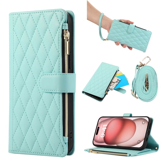 Crossbody Case for Samsung Galaxy S24 FE Case Wallet, PU Leather Case with Card Holder Kickstand, Handbag Zipper Flip Cover with Shoulder & Wrist Strap for Galaxy S24 FE Men Women, Skyblue