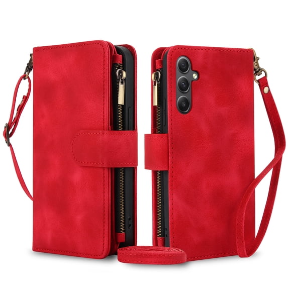 Crossbody Case for Samsung Galaxy S24+, RFID Blocking, Card Holder Wallet Cover, Zipper Pocket PU Leather Magnetic Snap Shoulder Strap Large Capacity Purse Protective Phone Case, Red