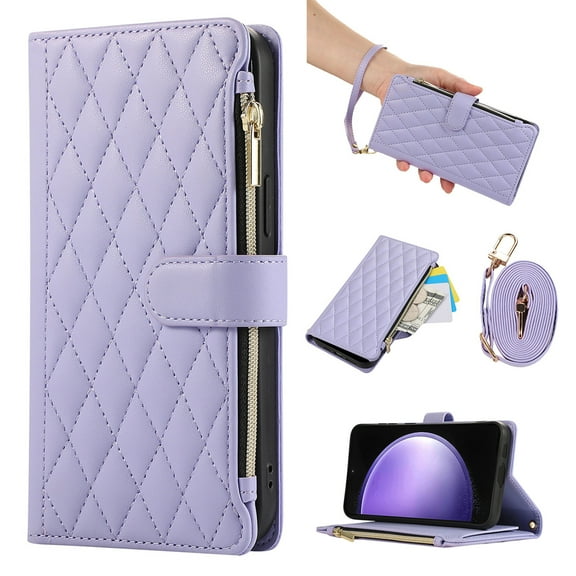 Crossbody Case for Samsung Galaxy S24 Ultra Case Wallet, PU Leather Case with Card Holder Kickstand, Handbag Zipper Flip Cover with Shoulder & Wrist Strap for Galaxy S24 Ultra Men Women, Lightpurple