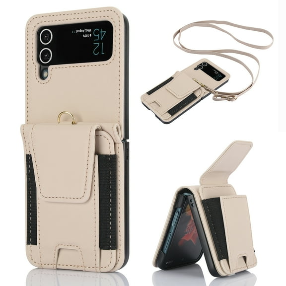Crossbody Case for Samsung Galaxy Z Flip 3, Wallet Cover with Credit Card Slot, PU Leather Detachable Lanyard Strap Purse Shock Resistant Folding Case for Samsung Galaxy Z Flip 3, Apricot