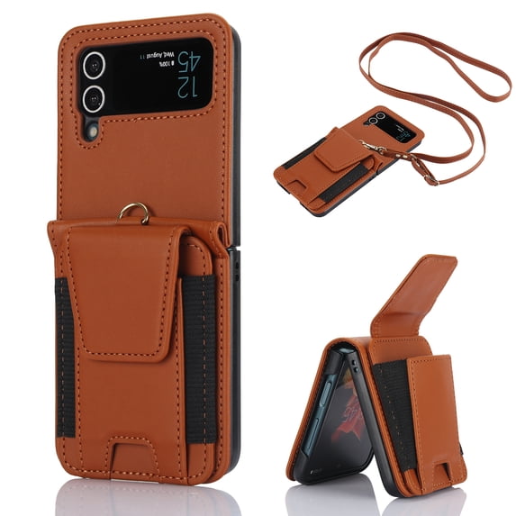 Crossbody Case for Samsung Galaxy Z Flip 3, Wallet Cover with Credit Card Slot, PU Leather Detachable Lanyard Strap Purse Shock Resistant Folding Case for Samsung Galaxy Z Flip 3, Brown