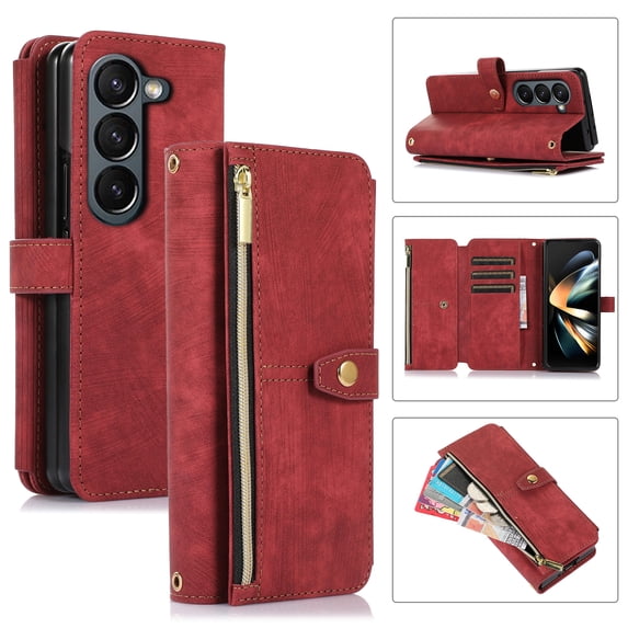 Crossbody Case for Samsung Galaxy Z Fold 6, Zipper Wallet Card Slots Holder Luxury PU Leather Cover with Shoulder Strap Lanyard Magnetic Clasp Flip Stand Purse Phone Case for Galaxy Z Fold 6, Red