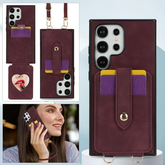 Crossbody Case Wallet Phone Case for Samsung Galaxy S25 Ultra with Strap,With Mirror, RFID Blocking Card Holder, Kickstand, PU Leather Shockproof Anti-fall Rugged Phone Cover for Women Girls,Winered