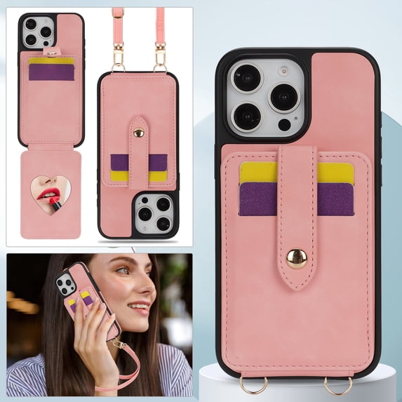 Crossbody Case Wallet Phone Case for iPhone 13 Pro Max with Strap,With Mirror, RFID Blocking Card Holder, Kickstand, PU Leather Shockproof Anti-fall Rugged Phone Cover for Women Girls,Pink