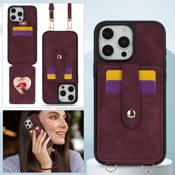 Crossbody Case Wallet Phone Case for iPhone 16 Pro Max with Strap,With Mirror, RFID Blocking Card Holder, Kickstand, PU Leather Shockproof Anti-fall Rugged Phone Cover for Women Girls,Winered
