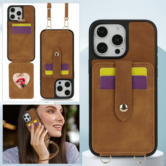 Crossbody Case Wallet Phone Case for iPhone 14 with Strap,With Mirror, RFID Blocking Card Holder, Kickstand, PU Leather Shockproof Anti-fall Rugged Phone Cover for Women Girls,Brown