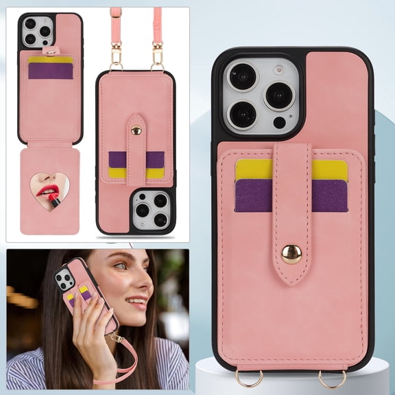 Crossbody Case Wallet Phone Case for iPhone 15 Plus with Strap,With Mirror, RFID Blocking Card Holder, Kickstand, PU Leather Shockproof Anti-fall Rugged Phone Cover for Women Girls,Pink