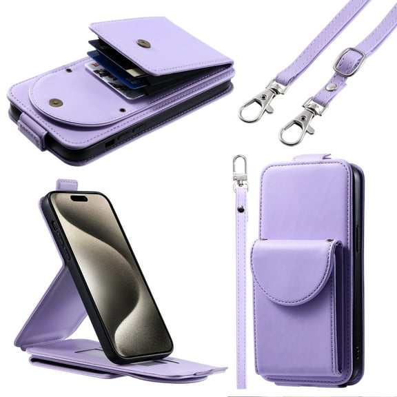 Crossbody Case Wallet for iPhone 16 Pro Max, [Detachable Adjustable Lanyard Strap] PU Leather Magnetic Closure Back Folio RFID Blocking Card Slots Protective Phone Cover, Purple