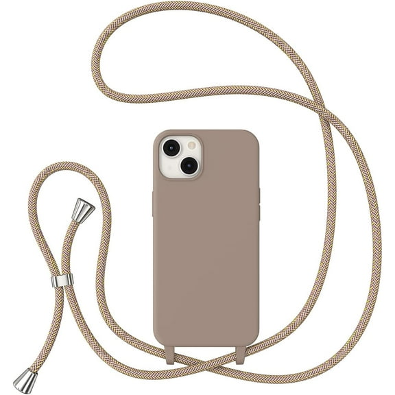 Crossbody Case for iPhone 13/14 with Lanyard Strap Protective Case Adjustable Neck Rope Liquid Silicone Soft Cover for iPhone 13/14 6.1 Inch,Brown