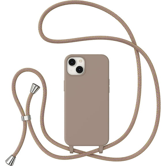 Crossbody Case for iPhone 13/14 with Lanyard Strap Protective Case Adjustable Neck Rope Liquid Silicone Soft Cover for iPhone 13/14 6.1 Inch,Brown