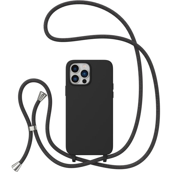 Crossbody Case for iPhone 14 Pro Max with Lanyard Strap Adjustable Rope Liquid Silicone Soft Cover for iPhone 14 Pro Max 6.7 inch-Black