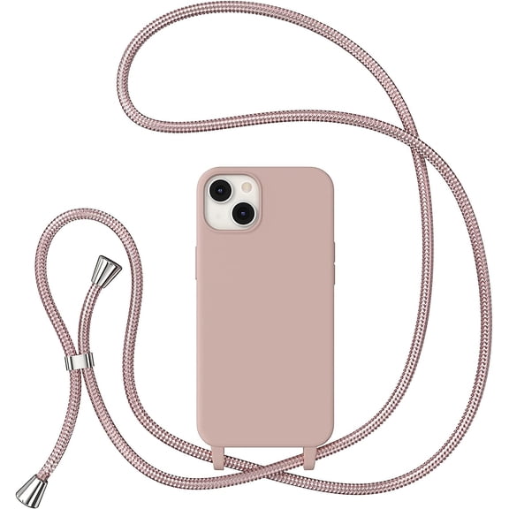 Crossbody Case for iPhone 15 Plus with Lanyard Strap Adjustable Rope, Liquid Silicone Soft Cover for iPhone 15 Plus 6.7 inch-Pink