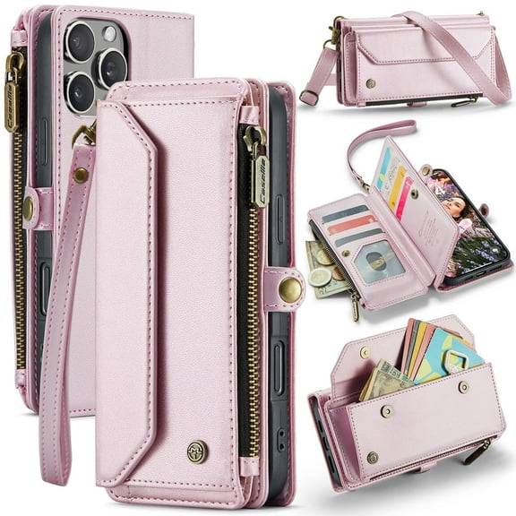 for iPhone 16 Pro Max Case Wallet【RFID Blocking】with 10-Card Holder Zipper Bills Slot, Soft PU Leather Magnetic Shoulder Wrist Strap