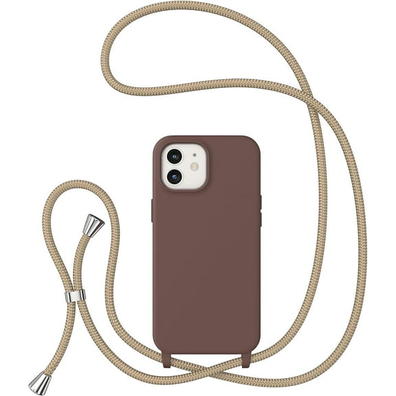 Crossbody Case for iPhone 12/12 Pro 6.1",Liquid Silicone Case with Adjustable Neck Cord Strap,Shockproof Soft Slim TPU Protective Cover for iPhone 12 & iPhone 12 Pro-Brown