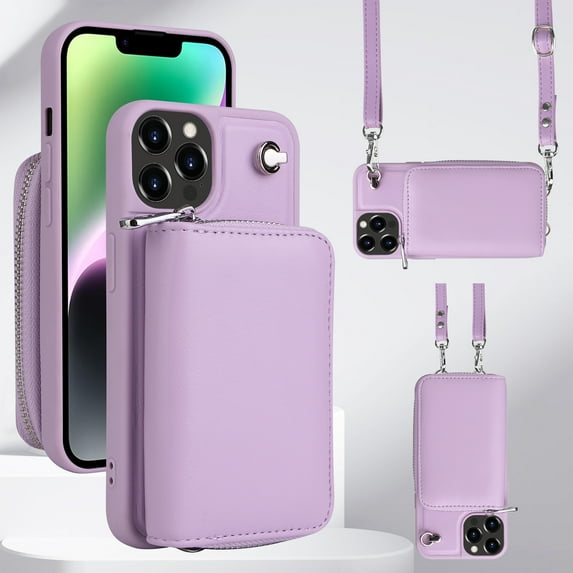 Crossbody Case for iPhone 12 Pro Max, RFID Blocking Card Holder, Detachable Wallet Purse Handbag Flip Leather Kickstand Phone Cover with Zipper Pouch Shoulder Strap for Women Men, Purple