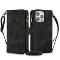 thumbnail image 1 of Crossbody Case for iPhone 12 Pro Max, RFID Blocking, Card Holder Wallet Cover, Zipper Pocket PU Leather Magnetic Snap Shoulder Strap Large Capacity Purse Protective Phone Case, Black, 1 of 9