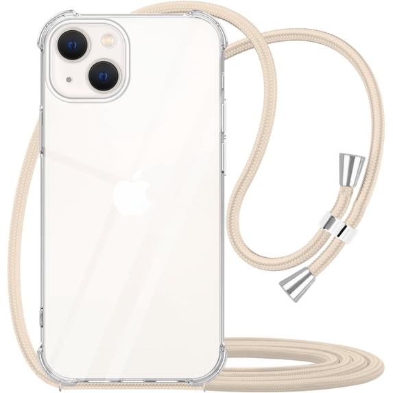 Crossbody Case for iPhone 13,Shockproof Phone Case for iPhone 13,Clear Soft Slim TPU Anti-Scratch Protective Cover with Neck Cord Lanyard Strap - Beige