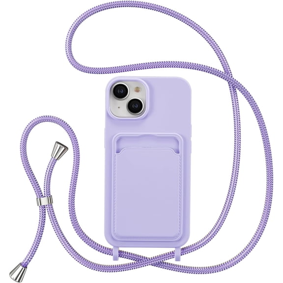 Crossbody Case for iPhone 13/iPhone 14 with Card Holder,Shockproof Liquid Silicone Case with Adjustable Rope Lanyard Strap for iPhone 13/14 6.1 inch,Purple