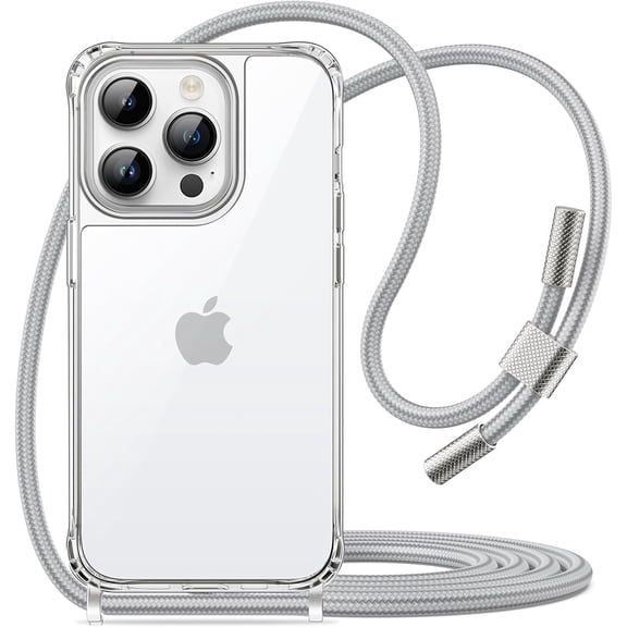 Crossbody Case for iPhone 14 Pro Max 6.7-Inch with Adjustable Lanyard Strap, Clear Transparent Anti-Yellowing Shockproof Protective Phone Cover with Neck Cord (Silver)