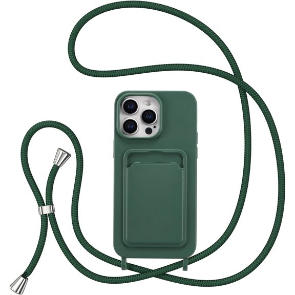 Crossbody Case for iPhone 14 Pro Max with Card Holder,Shockproof Liquid Silicone Case with Adjustable Rope Lanyard Strap for iPhone 14 Pro Max 6.7 inch,Green