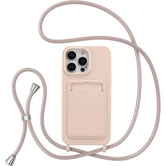 Crossbody Case for iPhone 14 Pro Max with Card Holder,Shockproof Liquid Silicone Case with Adjustable Rope Lanyard Strap for iPhone 14 Pro Max 6.7 inch,Pink