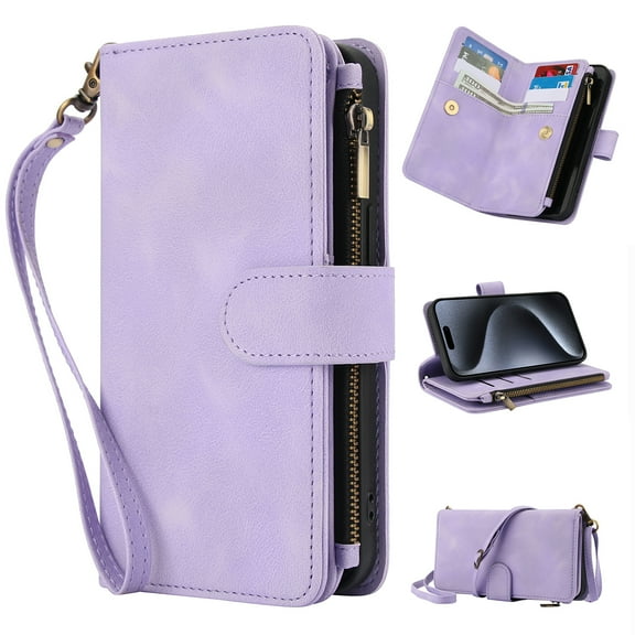 Crossbody Case for iPhone 15 Plus, RFID Blocking, Card Holder Wallet Cover, Zipper Pocket PU Leather Magnetic Snap Shoulder Strap Large Capacity Purse Protective Phone Case, Purple