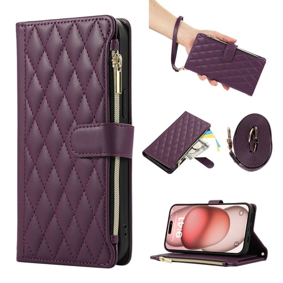 Crossbody Case for iPhone 16 Case Wallet, PU Leather Case with Card Holder Kickstand, Handbag Zipper Flip Cover with Shoulder & Wrist Strap for iPhone 16 Men Women, Darkpurple