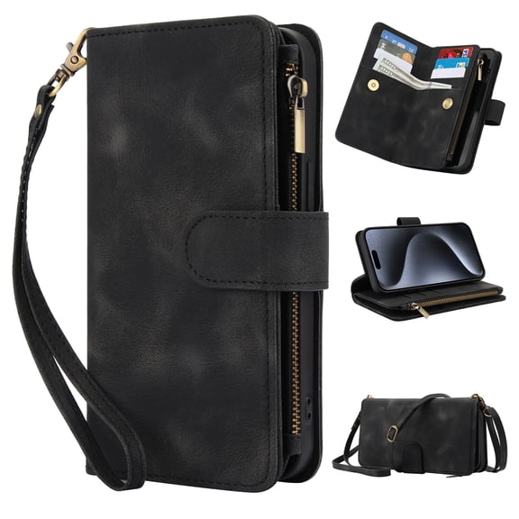 Crossbody Case for iPhone 16 Plus, RFID Blocking, Card Holder Wallet Cover, Zipper Pocket PU Leather Magnetic Snap Shoulder Strap Large Capacity Purse Protective Phone Case, Black