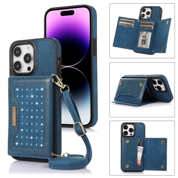 Crossbody Case for iPhone 16 Pro Max Case Wallet, RFID Blocking Leather Case with Card Holder Kickstand, Handbag Diamond Back Flip Magnetic Closure Cover for iPhone 16 Pro Max Women,Blue