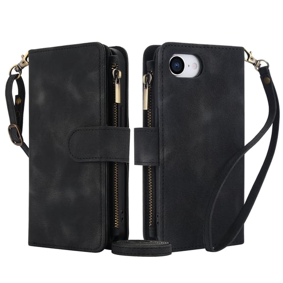 Crossbody Case for iPhone 16E, RFID Blocking, Card Holder Wallet Cover, Zipper Pocket PU Leather Magnetic Snap Shoulder Strap Large Capacity Purse Protective Phone Case for iPhone 16E, Black