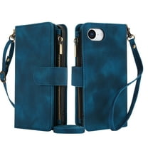 Crossbody Case for iPhone 16E, RFID Blocking, Card Holder Wallet Cover, Zipper Pocket PU Leather Magnetic Snap Shoulder Strap Large Capacity Purse Protective Phone Case for iPhone 16E, Blue