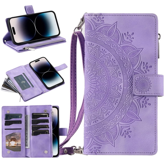 Crossbody Case For iPhone 17 Pro,Embossed Pattern PU Leather Zipper Pocket Magnetic Flip Stand Holder ID Credit Card Slots Wallet RFID Blocking Case with Detachable Shoulder Strap,Purple