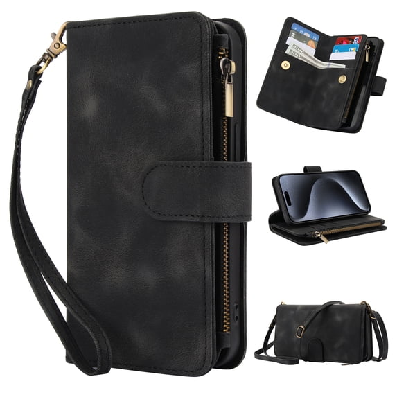 Crossbody Case for iPhone 8 Plus / iPhone 7 Plus, RFID Blocking, Card Holder Wallet Cover, Zipper Pocket PU Leather Magnetic Snap Shoulder Strap Large Capacity Purse Protective Phone Case, Black