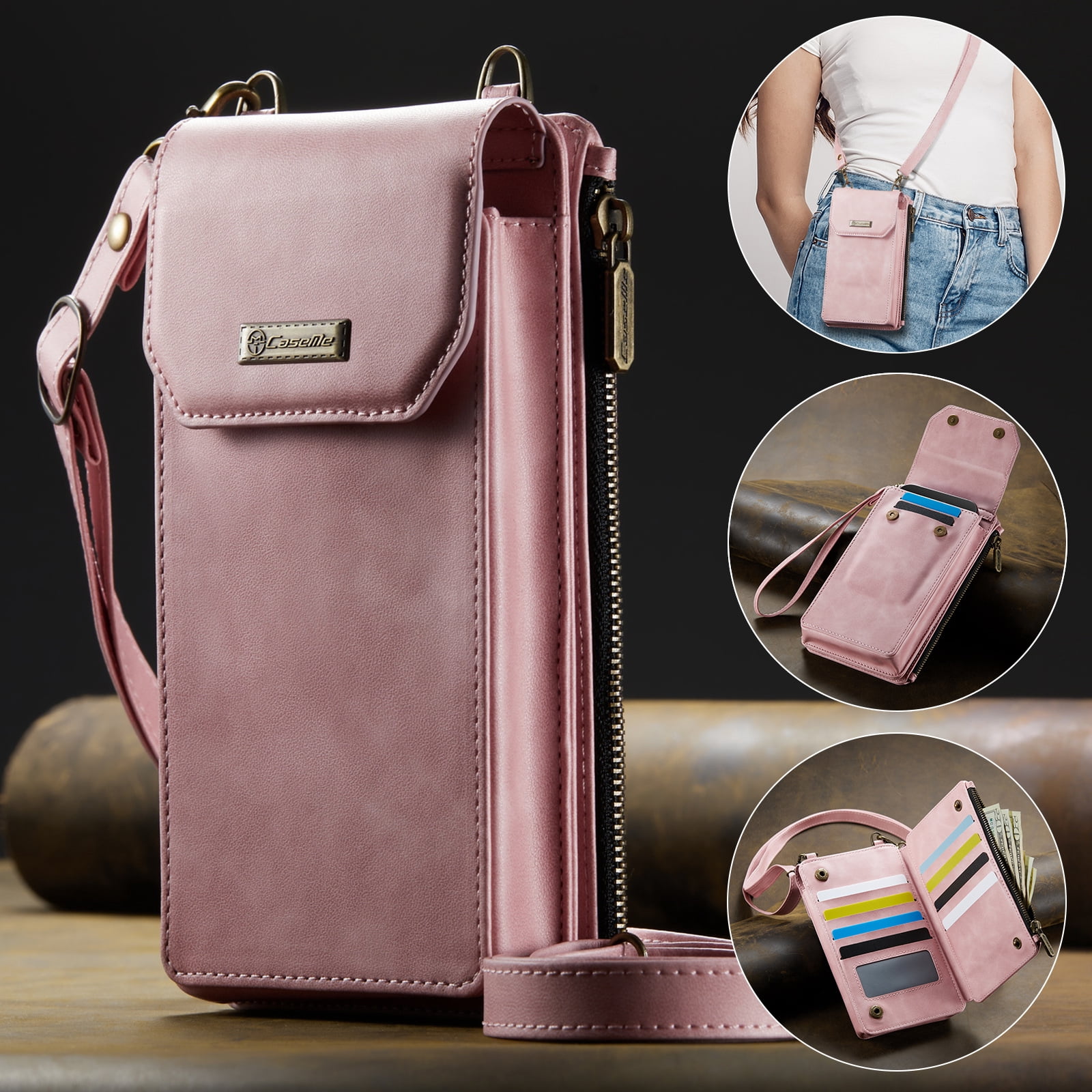 Crossbody Cell Phone Purse Bag for Women Men, Small Leather Wallet with 10 Card Slots, Zipper Pocket & Adjustable Strap Shoulder Bag Clutch with Magnetic Closure Fits Most Smartphones Under 7.3",Pink