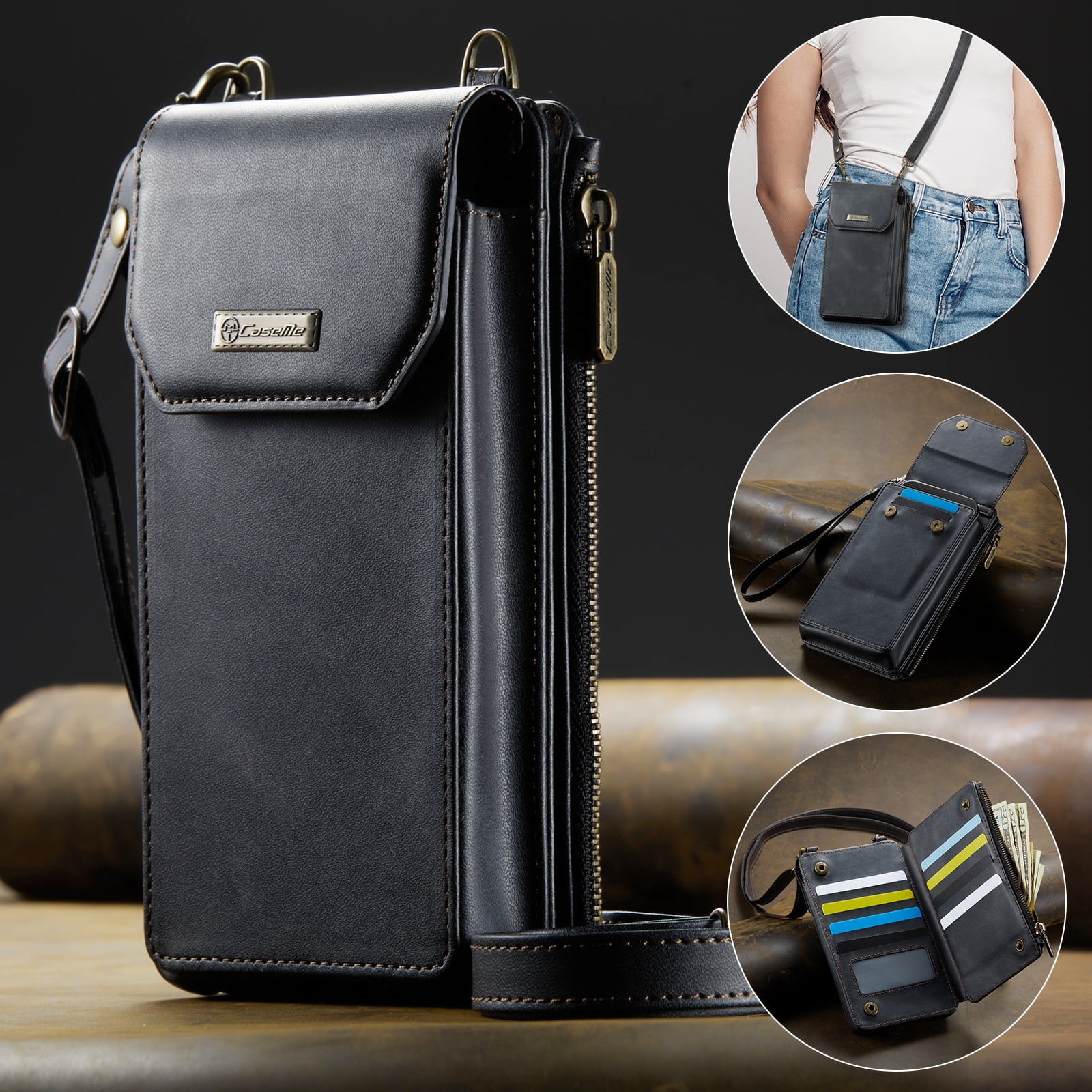 Crossbody Cell Phone Purse Bag for Women Men, Small Leather Wallet with 10 Card Slots,Zipper Pocket & Adjustable Strap Shoulder Bag Clutch with Magnetic Closure Fits Most Smartphones Under 7.3",Black