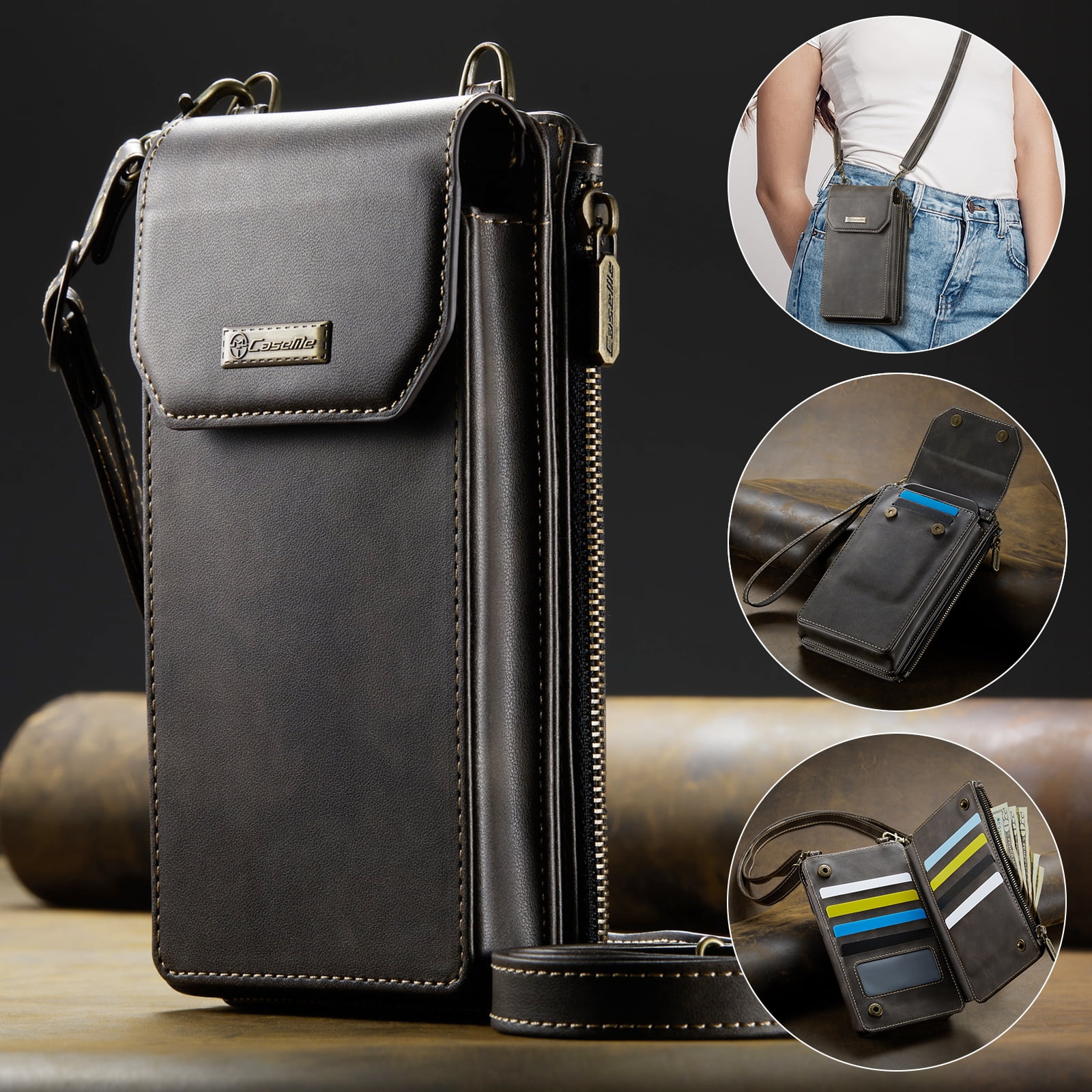Crossbody Cell Phone Purse Bag for Women Men,Small Leather Wallet with 10 Card Slots,Zipper Pocket & Adjustable Strap Shoulder Bag Clutch with Magnetic Closure Fits Most Smartphones Under 7.3",Coffee