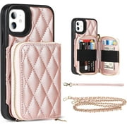 Crossbody Detachable 2 in 1 Wallet Case for iPhone 11,Crossbody Case with Zipper Card Holder Bag Wrist Strap Lanyard Purse Compatible with Apple iPhone 11 6.1 inch,Rosegold