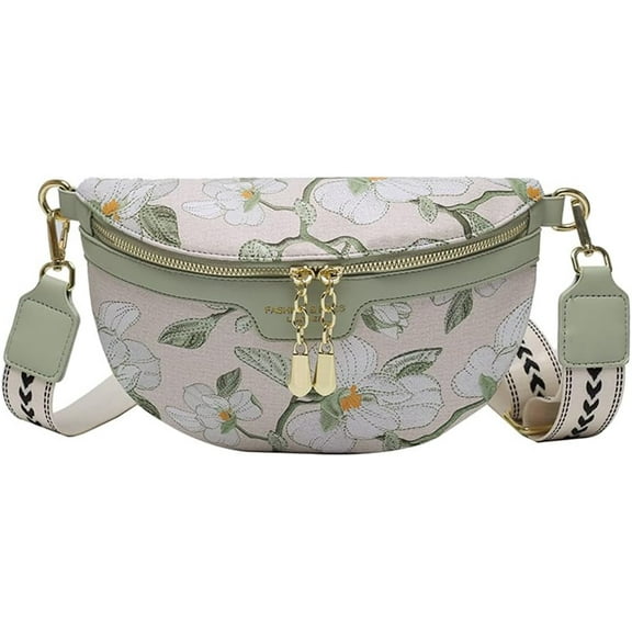 Crossbody Fanny Pack for Women Floral Print Sling Chest Bag Multipurpose Waist Belt Pouch with Guitar Strap (Pink)