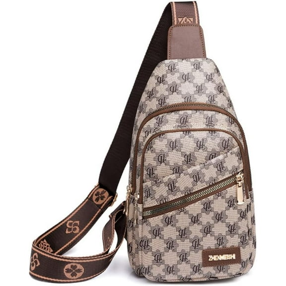 Crossbody Fanny Pack for Women Letter Print Sling Chest Bag Vegan Leather Waist Daypack with Wide Strap (Pink)