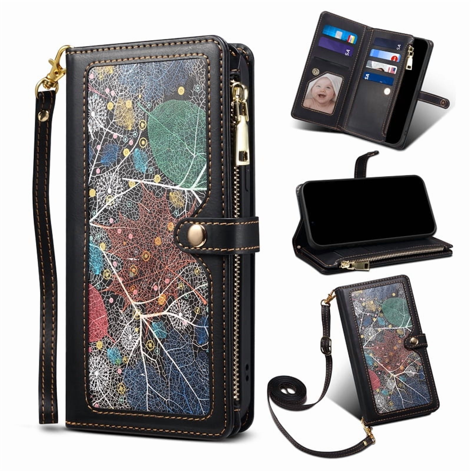 Crossbody Flower Pattern Leather Zipper Wallet Card Phone Case for iPhone 17 Air 16 Pro Max 15 Plus 14 13 Mini 12/ 12Pro 11 16E Lanyard Flip Stand Cover